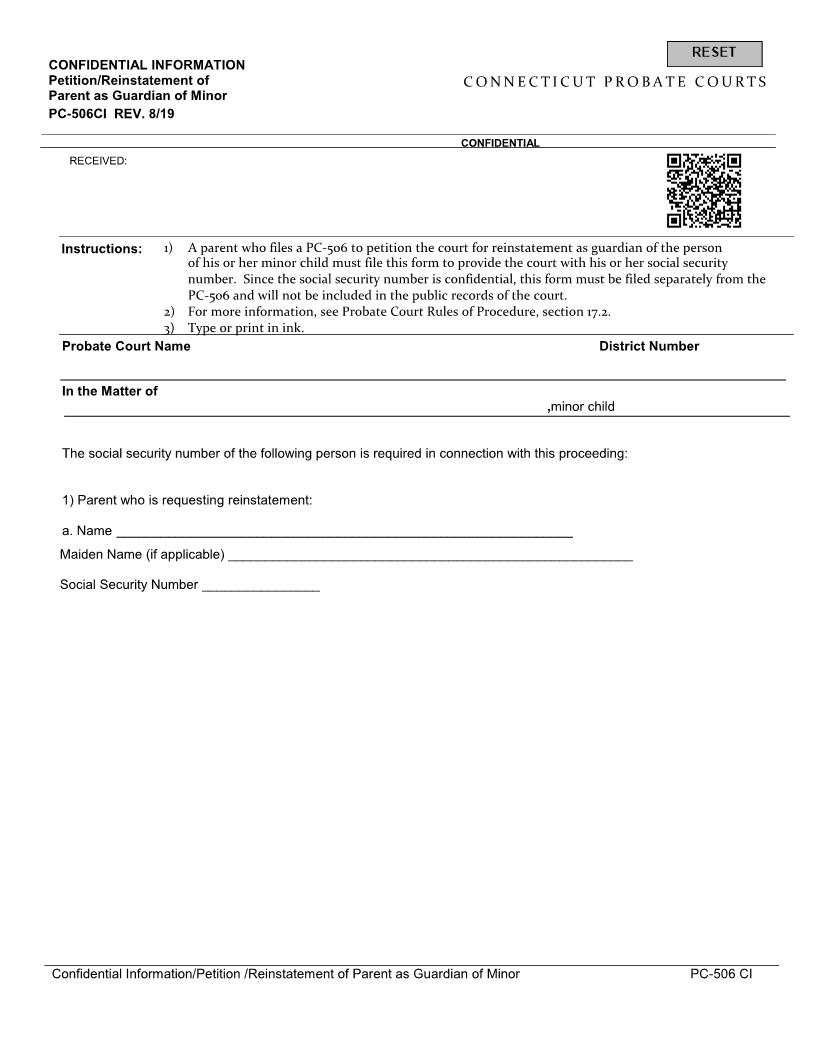 Petition Of Parent As Guardian Of Minor {PC-506CI} | Pdf Fpdf Docx | Connecticut