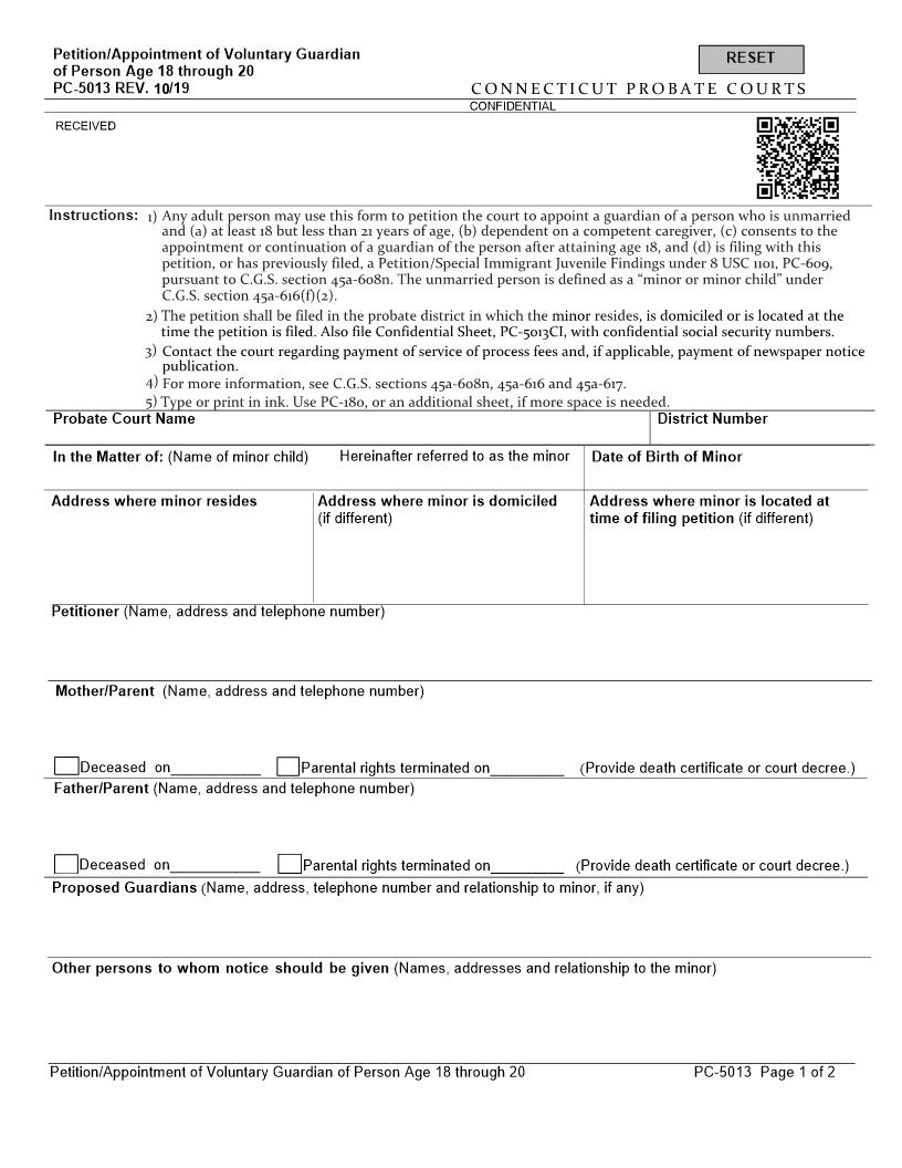 Petition Of Voluntary Guardian Age 18 To 20 {PC-5013} | Pdf Fpdf Docx | Connecticut