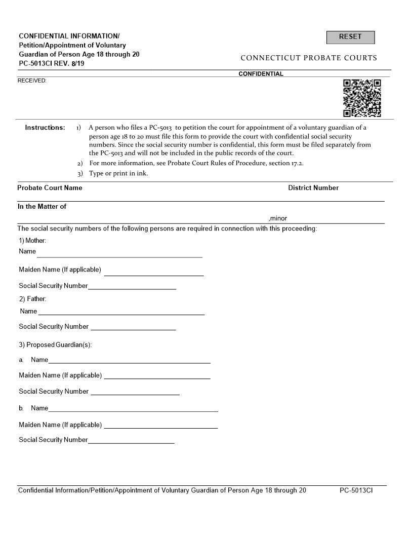 Petition Of Voluntary Guardian Age 18 To 20 {PC-5013CI} | Pdf Fpdf Docx | Connecticut