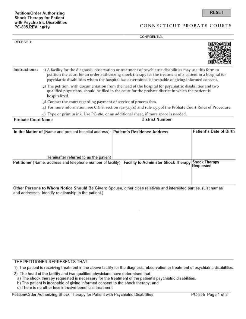 Petition Order Authorizing Shock Therapy {PC-805} | Pdf Fpdf Doc Docx | Connecticut