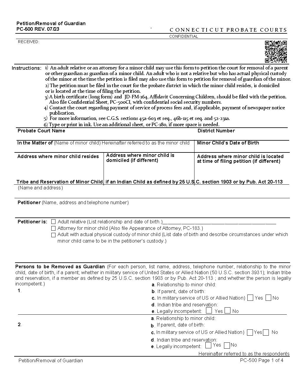 Petition Removal Of Guardian {PC-500} | Pdf Fpdf Docx | Connecticut