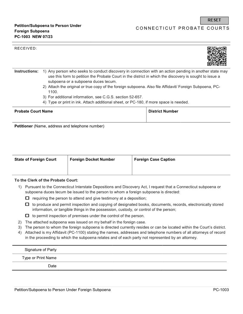 Petition Subpoena To Person Under Foreign Subpoena {PC-1003} | Pdf Fpdf Docx | Connecticut