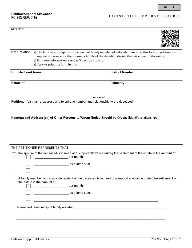 Petition Support Allowance {PC-202} | Pdf Fpdf Doc Docx | Connecticut