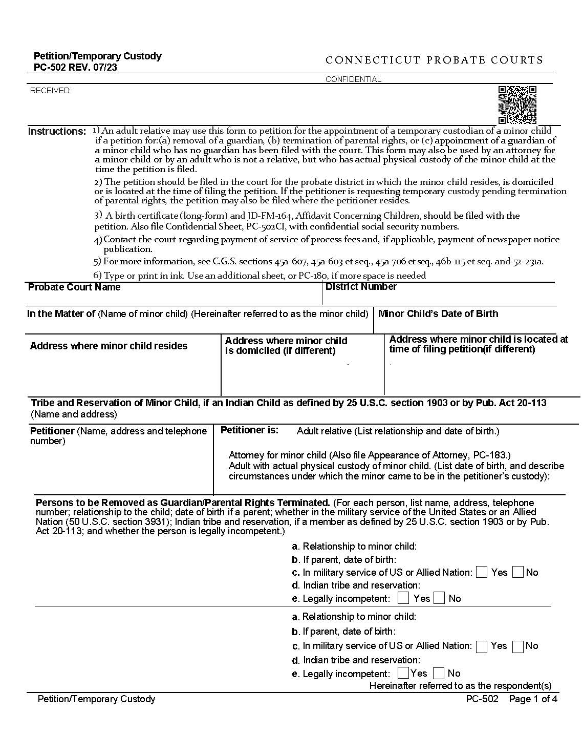 Petition Temporary Custody {PC-502} | Pdf Fpdf Docx | Connecticut
