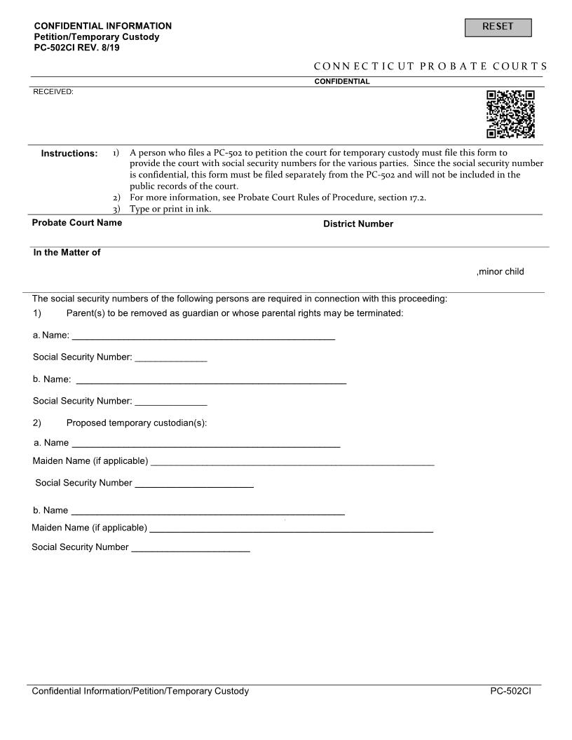 Petition Temporary Custody {PC-502CI} | Pdf Fpdf Docx | Connecticut