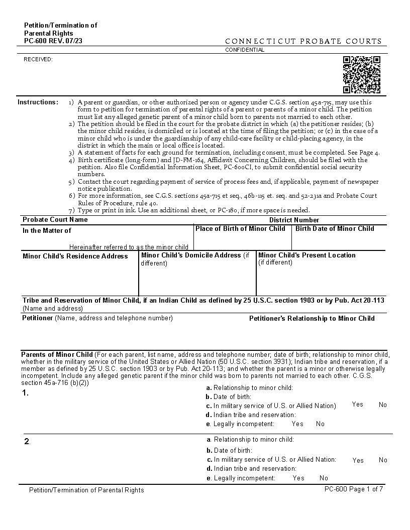 Petition Termination Of Parental Rights {PC-600} | Pdf Fpdf Docx | Connecticut