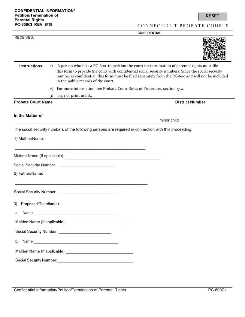 Petition Termination Of Parental Rights {PC-600CI} | Pdf Fpdf Docx | Connecticut