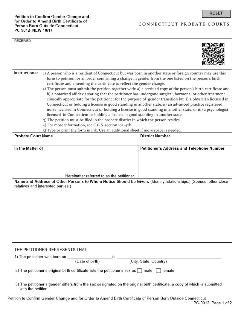 Petition To Confirm Gender Change Of Person Born Outisde Connecticut {PC-9012} | Pdf Fpdf Docx | Connecticut