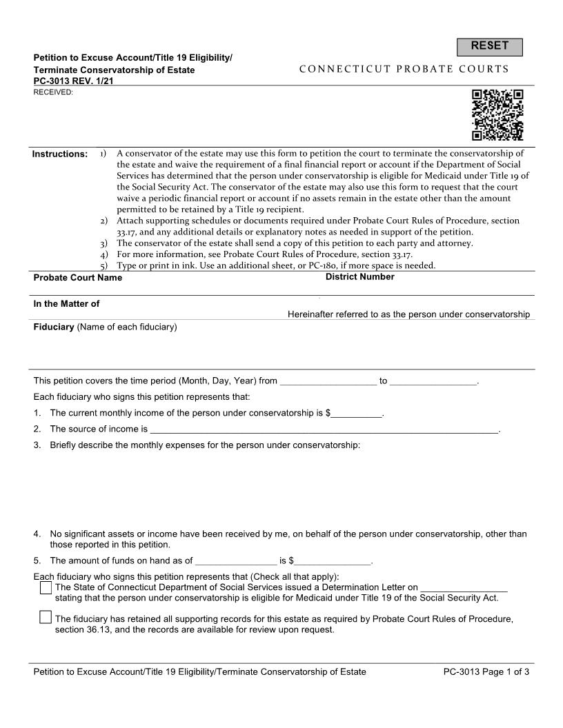 Petition To Excuse Account Title 19 Terminate Conservatorship Of Estate {PC-3013} | Pdf Fpdf Docx | Connecticut