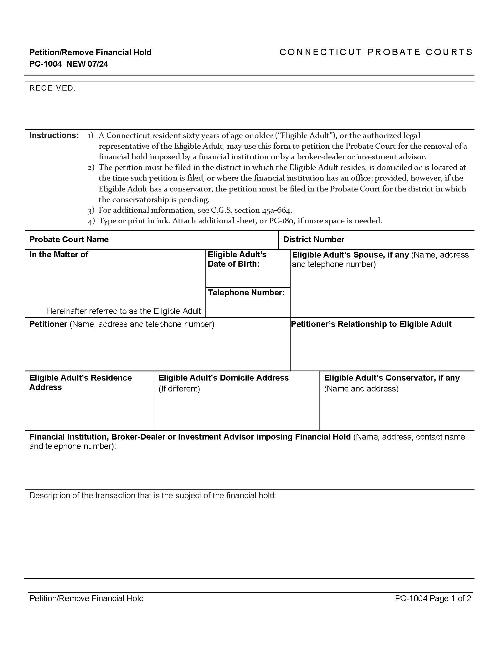 Petition To Remove Financial Hold {PC-1004} | Pdf Fpdf Docx | Connecticut