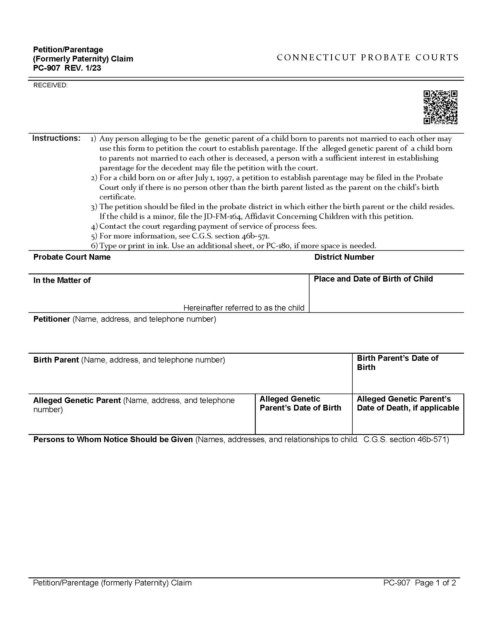Petition-Parentage (formerly Paternity) Claim {PC-907} | Pdf Fpdf Docx | Connecticut