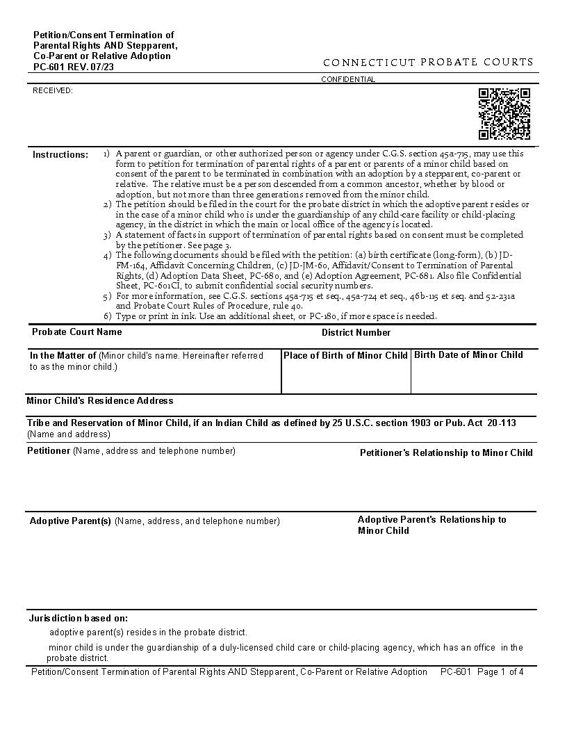 Pettition Consent Termination Of Parental Rights And Relative Adoption {PC-601} | Pdf Fpdf Docx | Connecticut