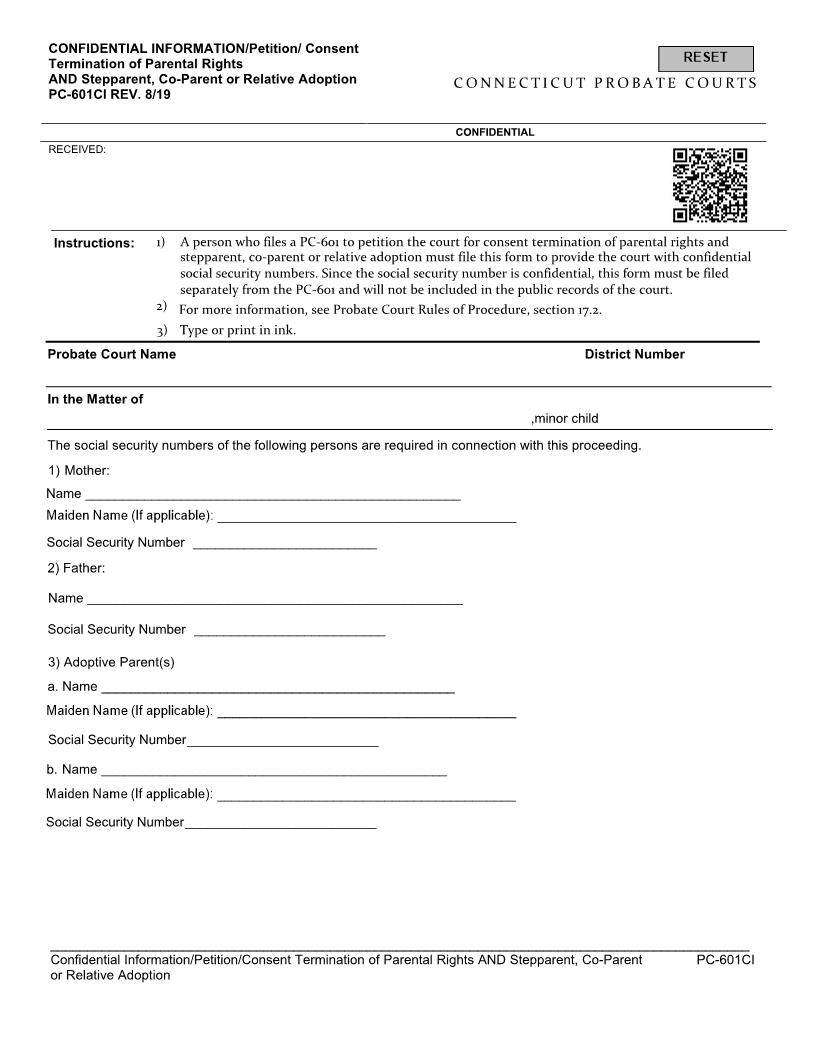Pettition Consent Termination Of Parental Rights And Relative Adoption {PC-601CI} | Pdf Fpdf Docx | Connecticut