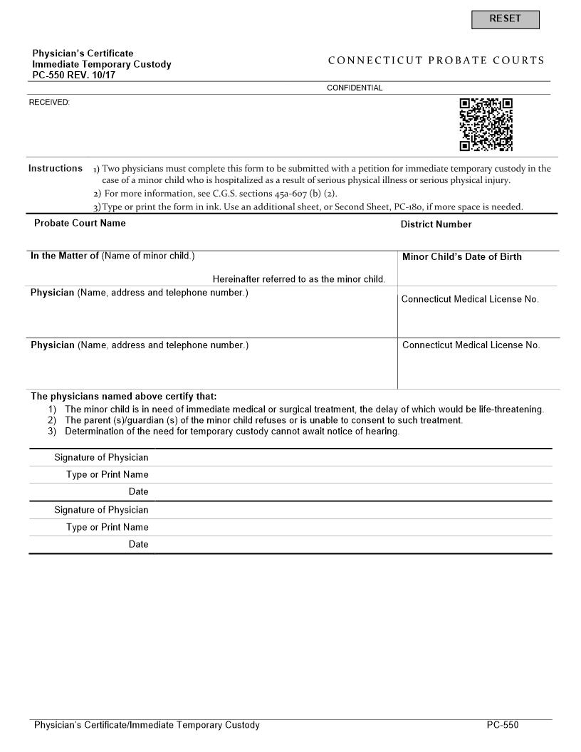 Physicians Certificate Immediate Temporary Custody {PC-550} | Pdf Fpdf Doc Docx | Connecticut