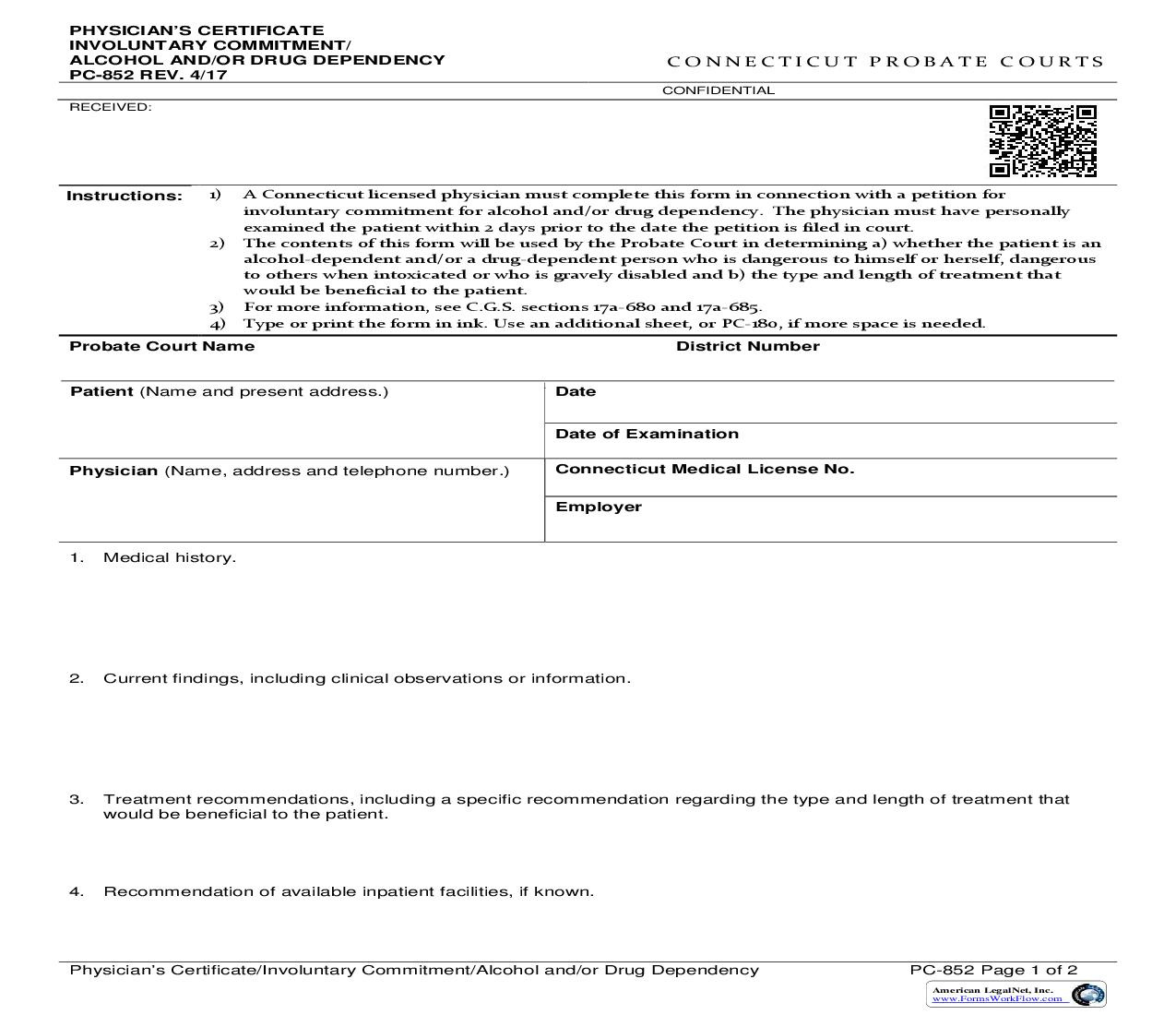 Physicians Certificate Involuntary Commitment Alcohol And Or Drug Dependency {PC-852} | Pdf Fpdf Doc Docx | Connecticut
