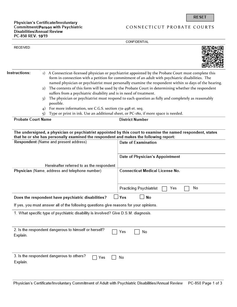 Physicians Certificate Involuntary Commitment Annual Review Person With Psychiatric Disabilities {PC-850} | Pdf Fpdf Doc Docx | Connecticut