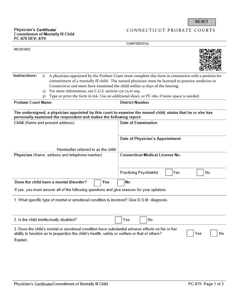 Physicians Evaluation Commitment Of Mentally Ill Child {PC-870} | Pdf Fpdf Docx | Connecticut