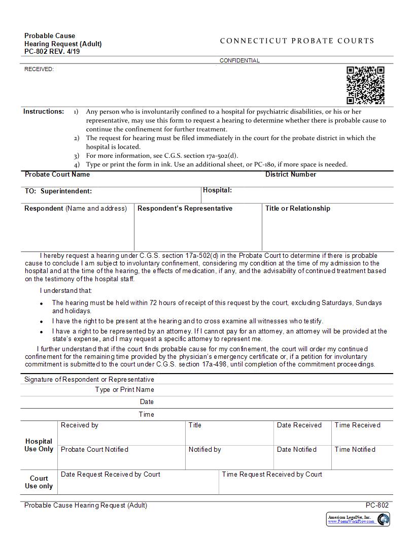 Probable Cause Hearing Request {PC-802} | Pdf Fpdf Docx | Connecticut