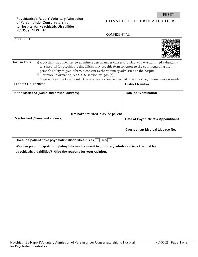 Psychiatrists Report Voluntary Admission To Hospital {PC-3502} | Pdf Fpdf Docx | Connecticut