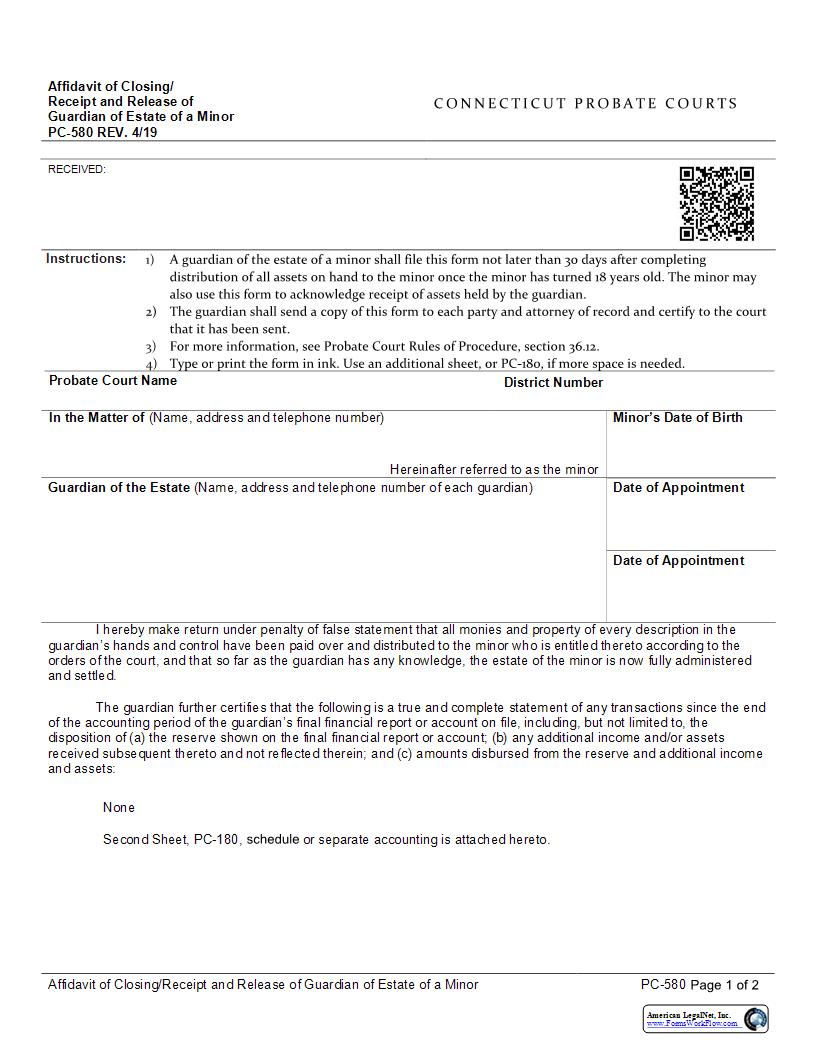 Receipt And Release Of Guardian Of Estate {PC-580} | Pdf Fpdf Docx | Connecticut