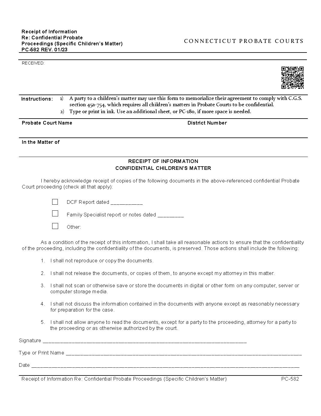 Receipt Of Information Re A Confidential Probate Proceeding (Specific Childrens Matter) {PC-582} | Pdf Fpdf Docx | Connecticut