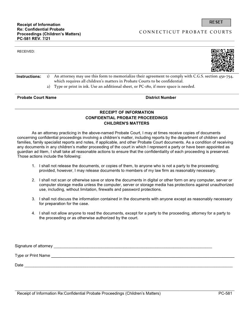 Receipt Of Information Re Confidential Probate Proceedings (Childrens Matters) {PC-581} | Pdf Fpdf Docx | Connecticut