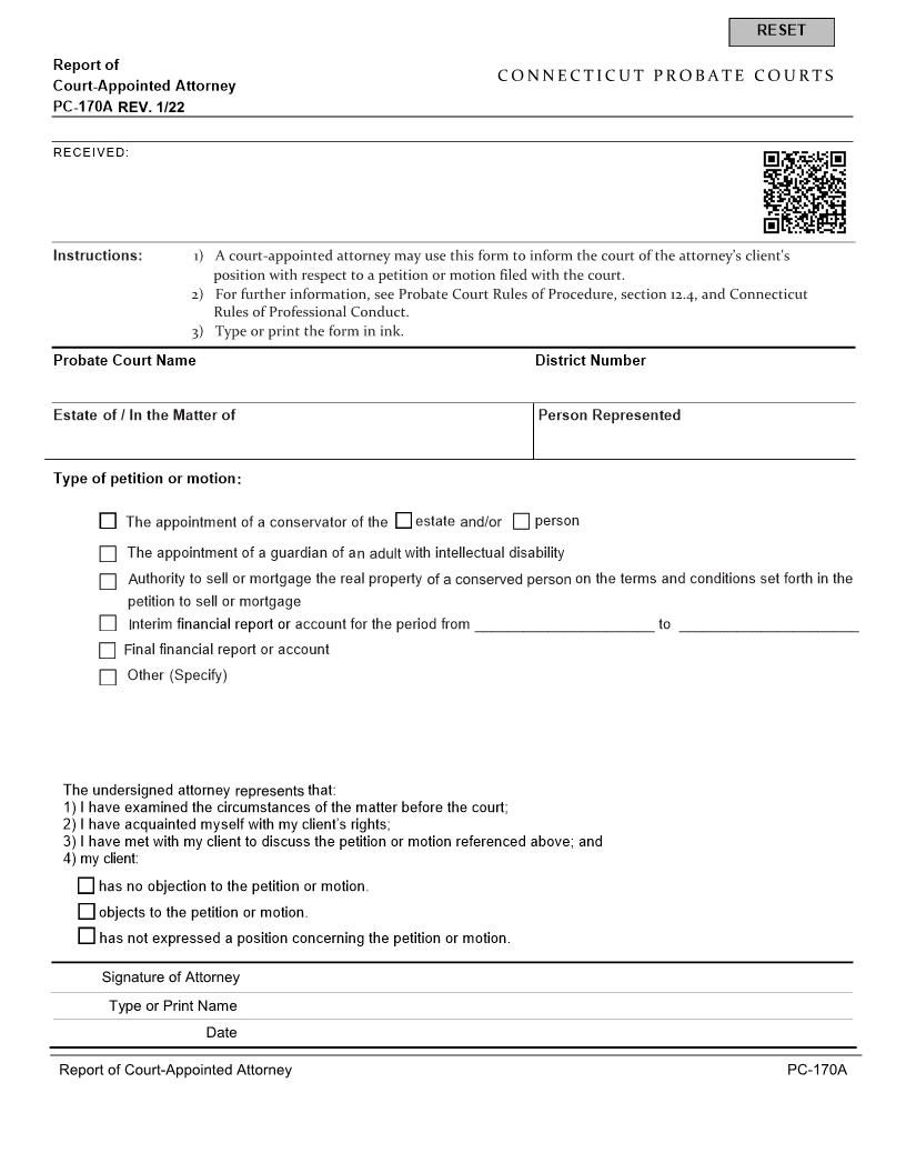 Report Of Court Appointed Attorney {PC-170A} | Pdf Fpdf Doc Docx | Connecticut