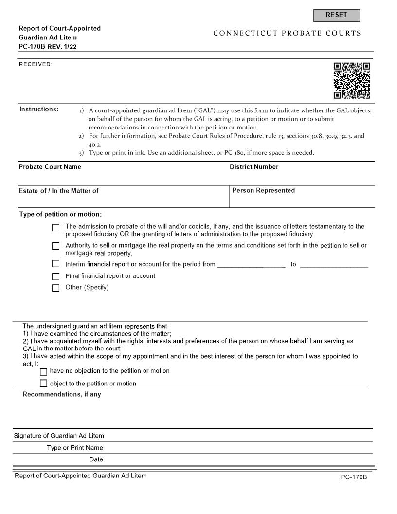 Report Of Court Appointed Guardian Ad Litem {PC-170B} | Pdf Fpdf Doc Docx | Connecticut