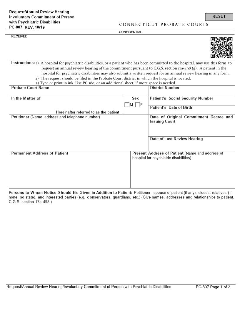 Request Annual Review Hearing Involuntary Commitment {PC-807} | Pdf Fpdf Doc Docx | Connecticut