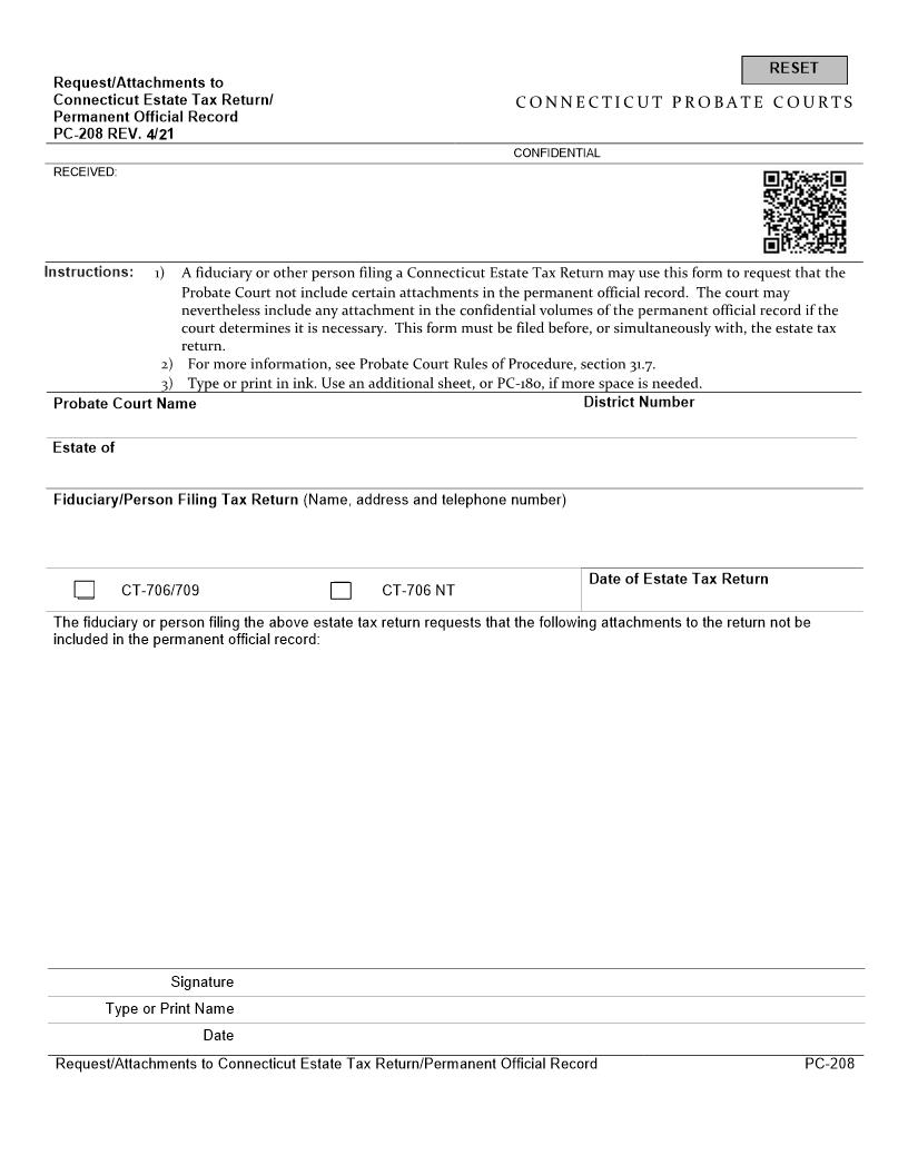 Request Attachments To Connecticut Estate Tax Return {PC-208} | Pdf Fpdf Docx | Connecticut