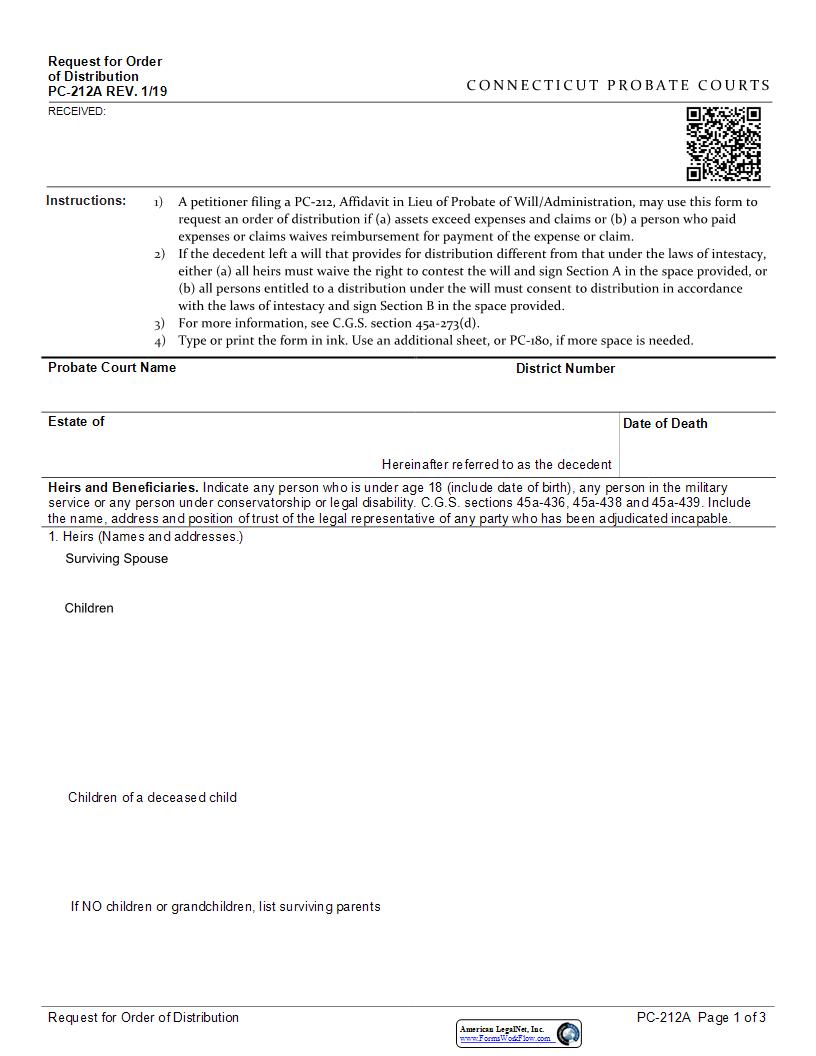Request For Order Of Distribution {PC-212A} | Pdf Fpdf Docx | Connecticut