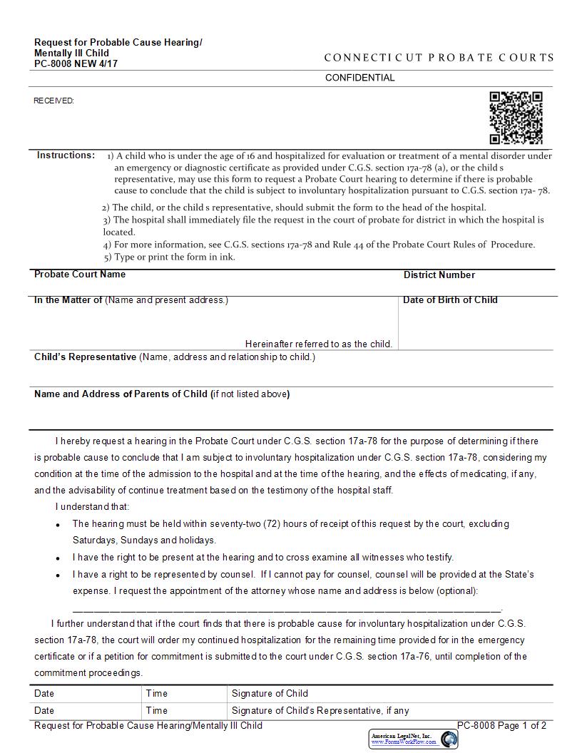 Request For Probate Cause Hearing Mentally Ill Child {PC-8008} | Pdf Fpdf Docx | Connecticut