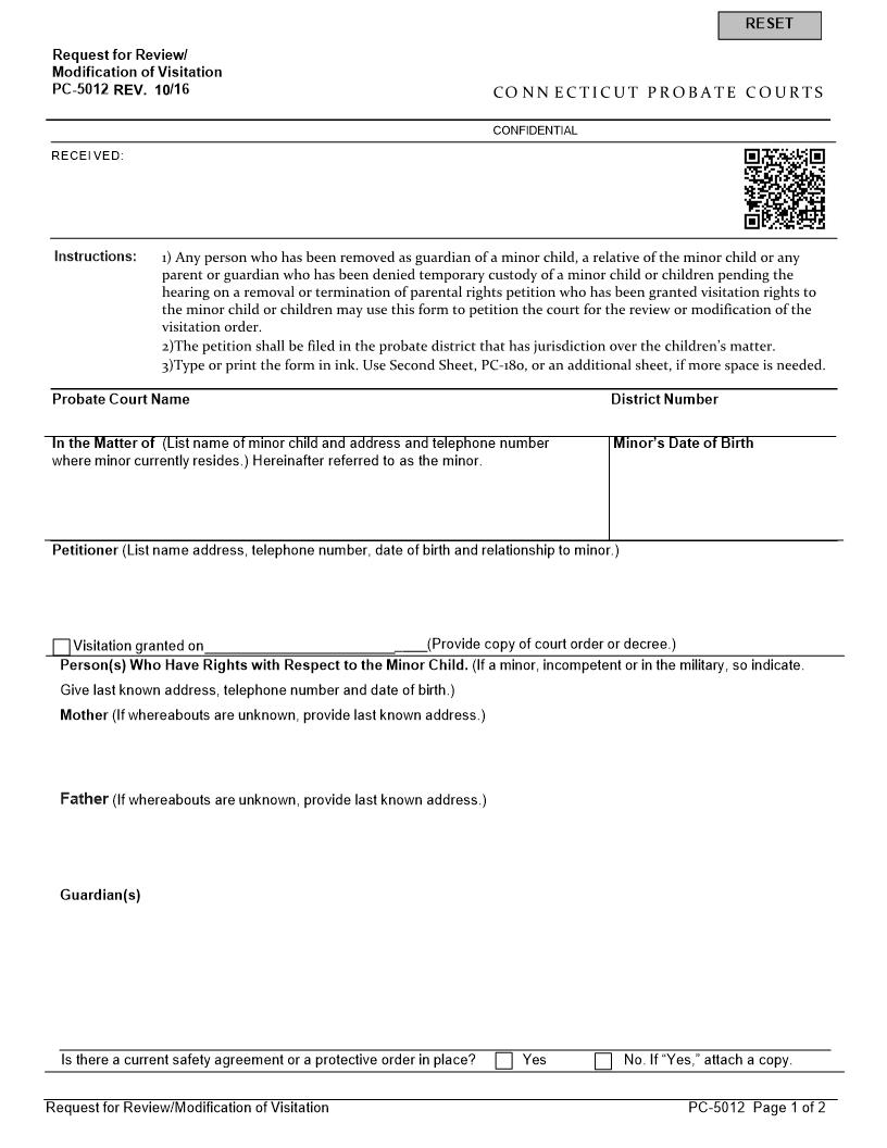 Request For Review Modification Of Visitation {PC-5012} | Pdf Fpdf Doc Docx | Connecticut