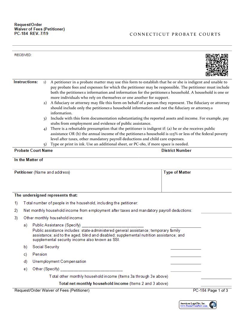 Request Order Waiver Of Fees - Petitioner {PC-184} | Pdf Fpdf Docx | Connecticut