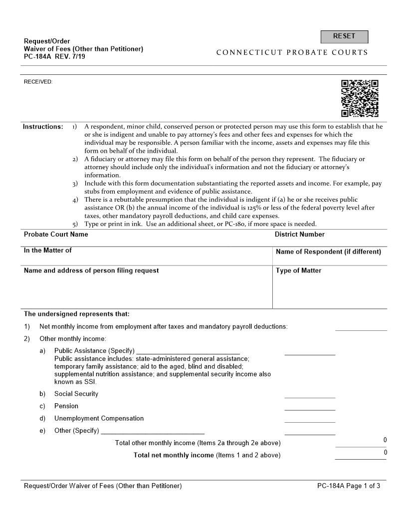 Request Order Waiver Of Fees Other Than Petitioner{PC-184A} | Pdf Fpdf Docx | Connecticut