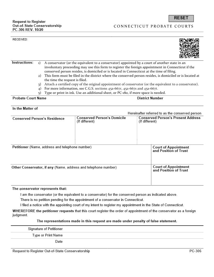 Request To Register Out Of State Conservatorship {PC-306} | Pdf Fpdf Doc Docx | Connecticut