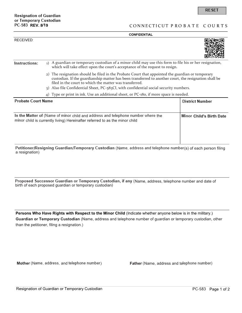 Resignation Of Guardian Or Temporary Custodian {PC-583} | Pdf Fpdf Docx | Connecticut