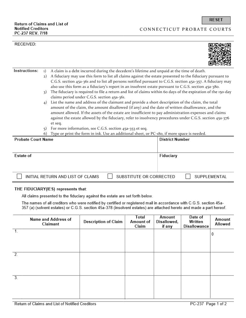Return Of Claims And List Notified Creditors {PC-237} | Pdf Fpdf Docx | Connecticut