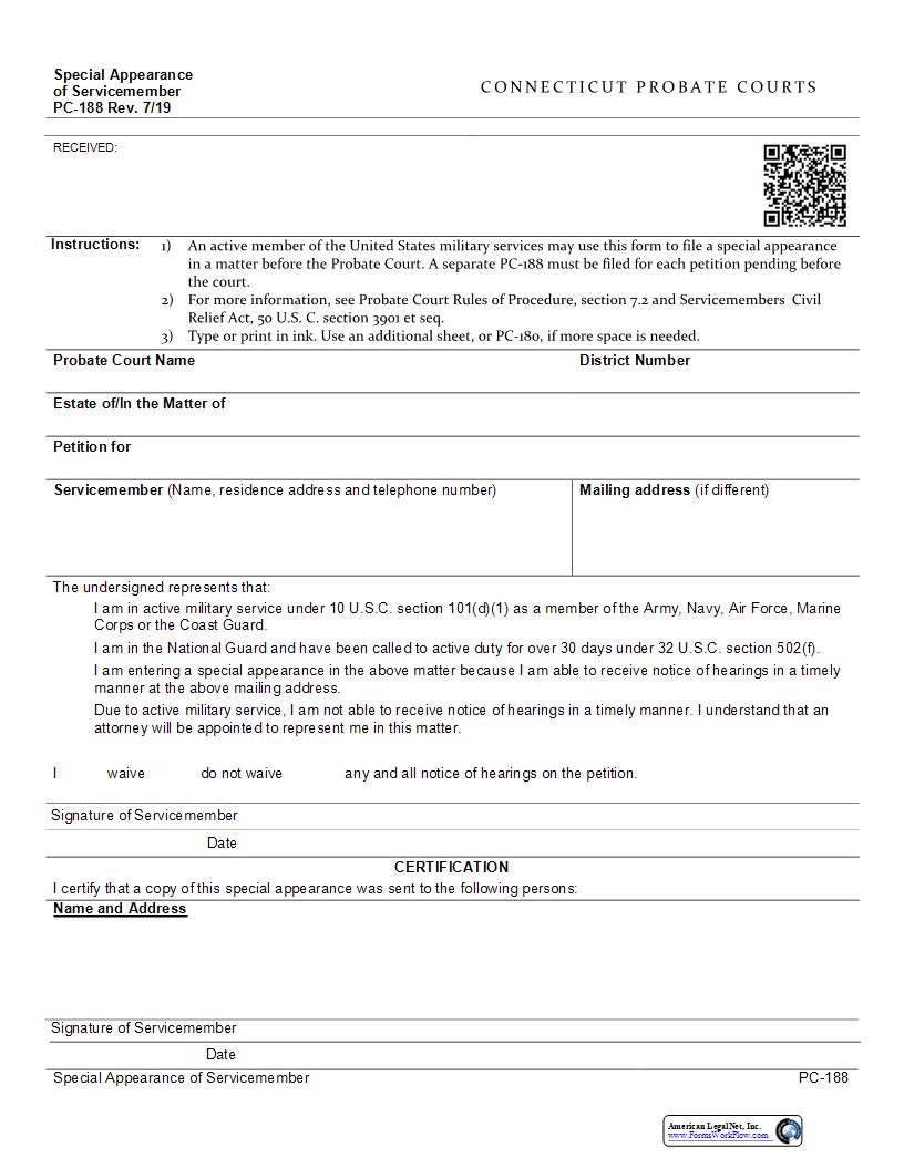 Special Appearance Of Service Memebr {PC-188} | Pdf Fpdf Docx | Connecticut