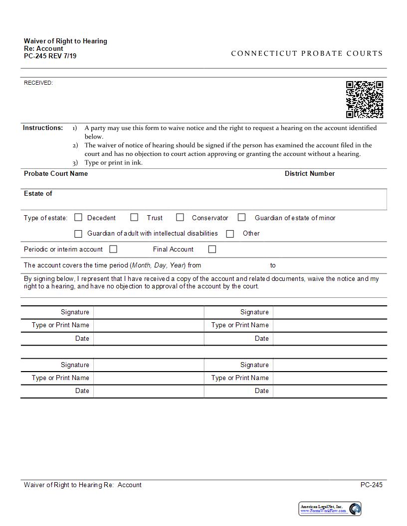 Waiver Of Right To Hearing Re Account {PC-245} | Pdf Fpdf Docx | Connecticut