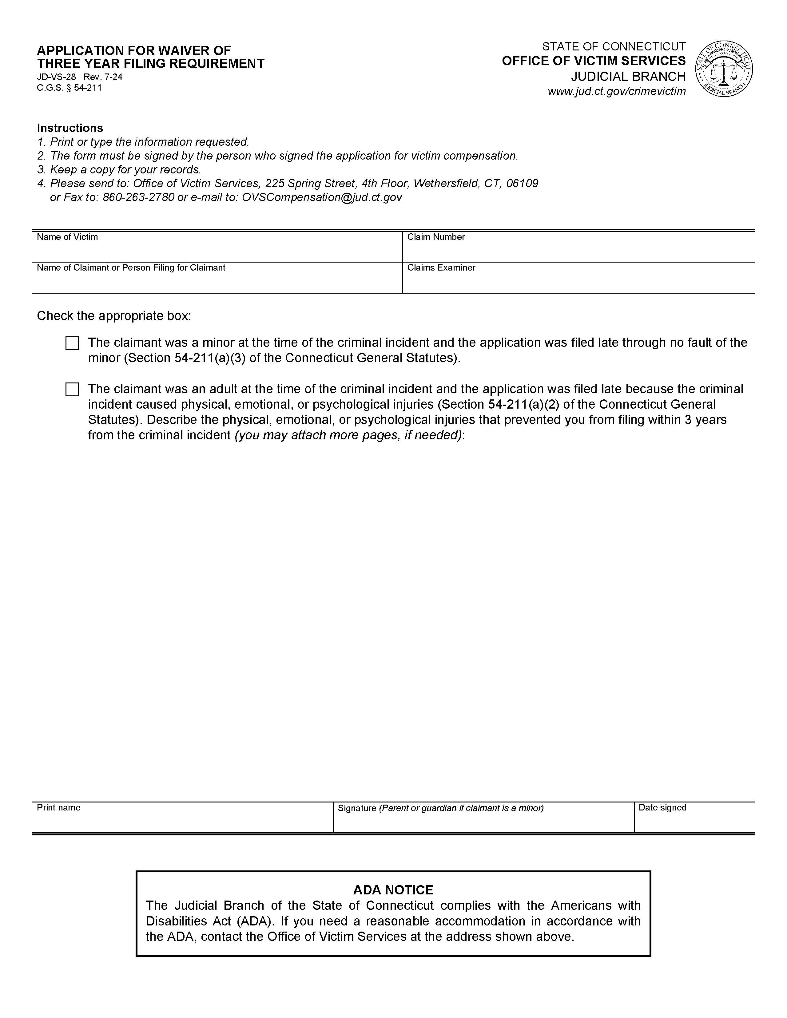 Application For Waiver Of Three Year Filing Requirement {JD-VS-28} | Pdf Fpdf Doc Docx | Connecticut