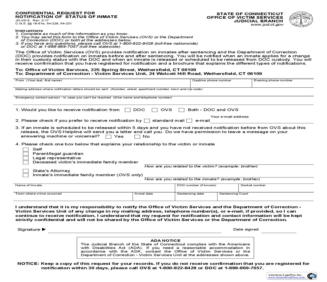 Confidential Request For Notification Of Status Of Inmate {JD-VS-5} | Pdf Fpdf Doc Docx | Connecticut