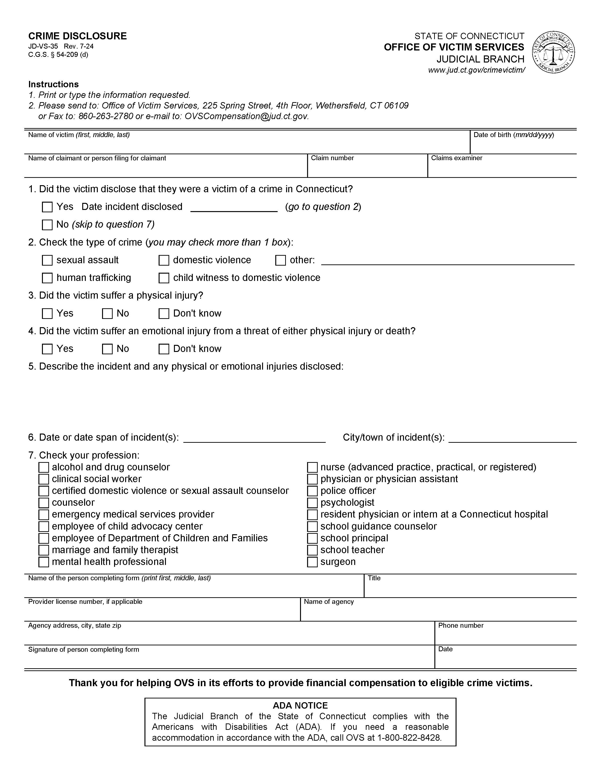 Crime Disclosure {JD-VS-35} | Pdf Fpdf Docx | Connecticut