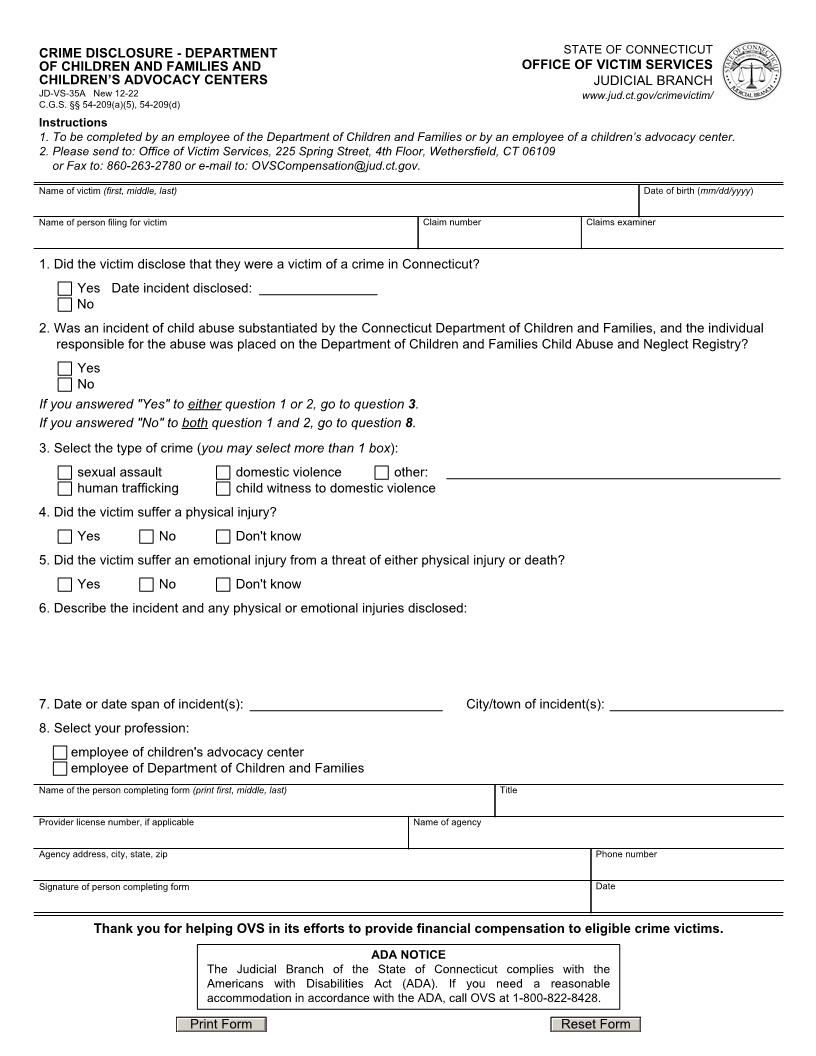 Crime Disclosure Department Of Children And Families {JD-VS-35A} | Pdf Fpdf Docx | Connecticut
