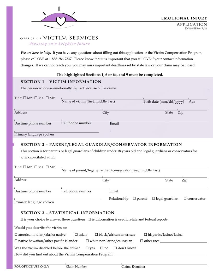 Emotional Injury Application {JD-VS-8EI} | Pdf Fpdf Docx | Connecticut