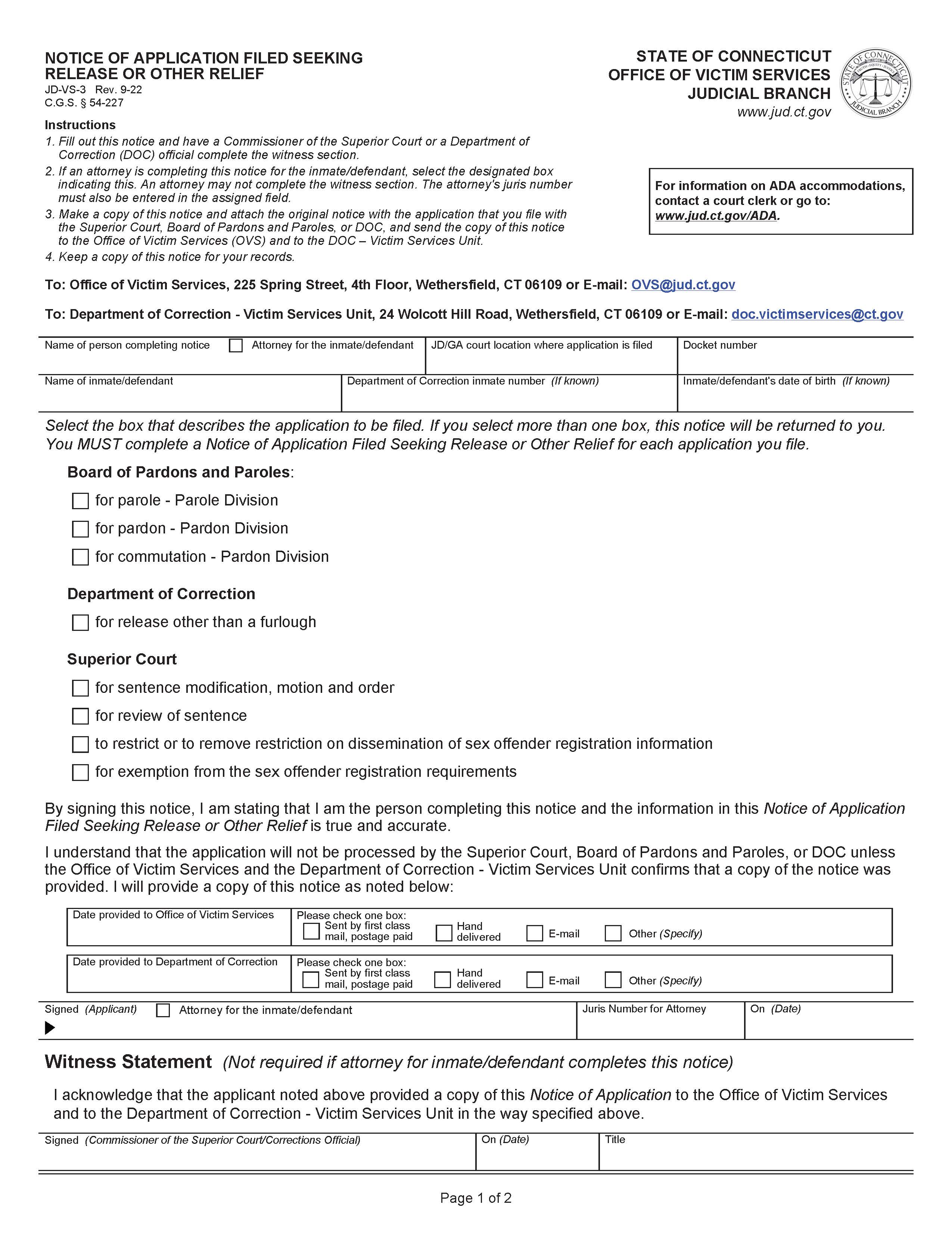 Notice Of Application Filed Seeking Release Or Other Relief {JD-VS-3} | Pdf Fpdf Doc Docx | Connecticut