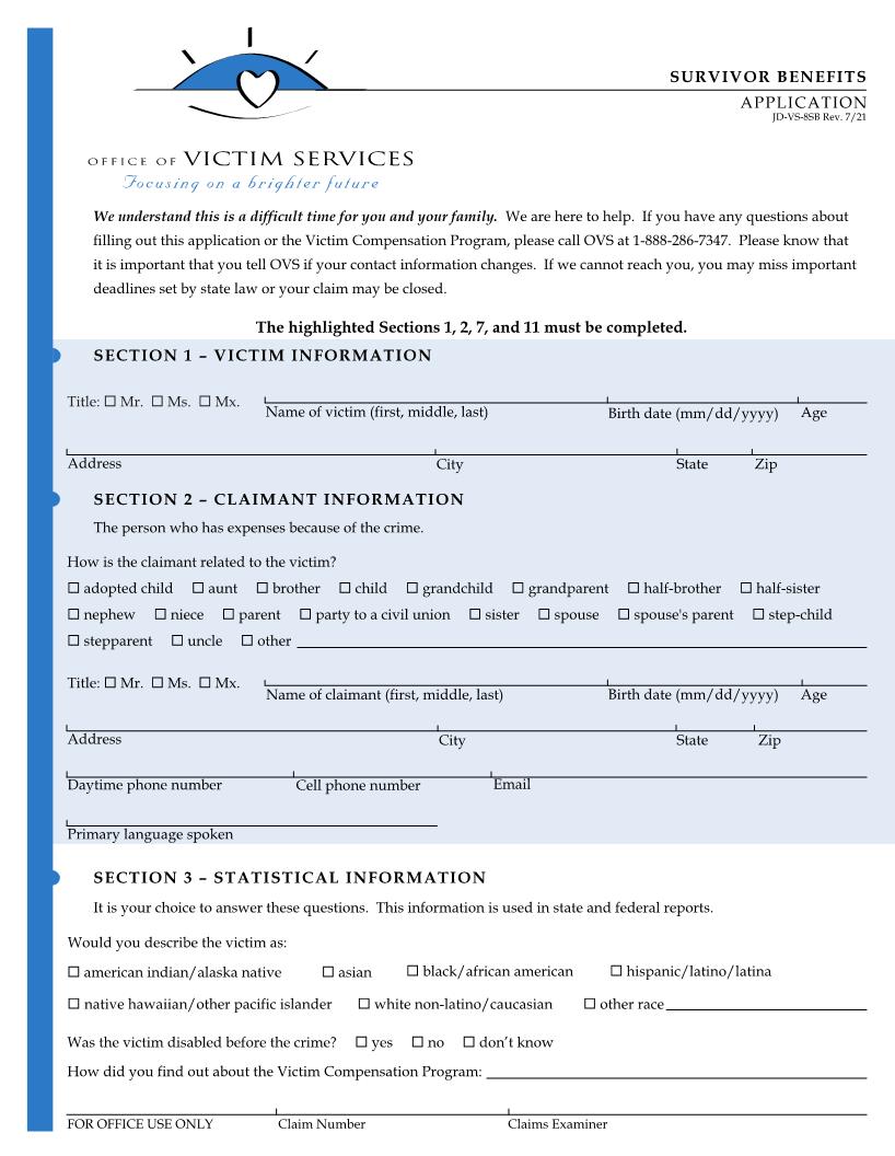Survivor Benefits Application {JD-VS-8SB} | Pdf Fpdf Doc Docx | Connecticut