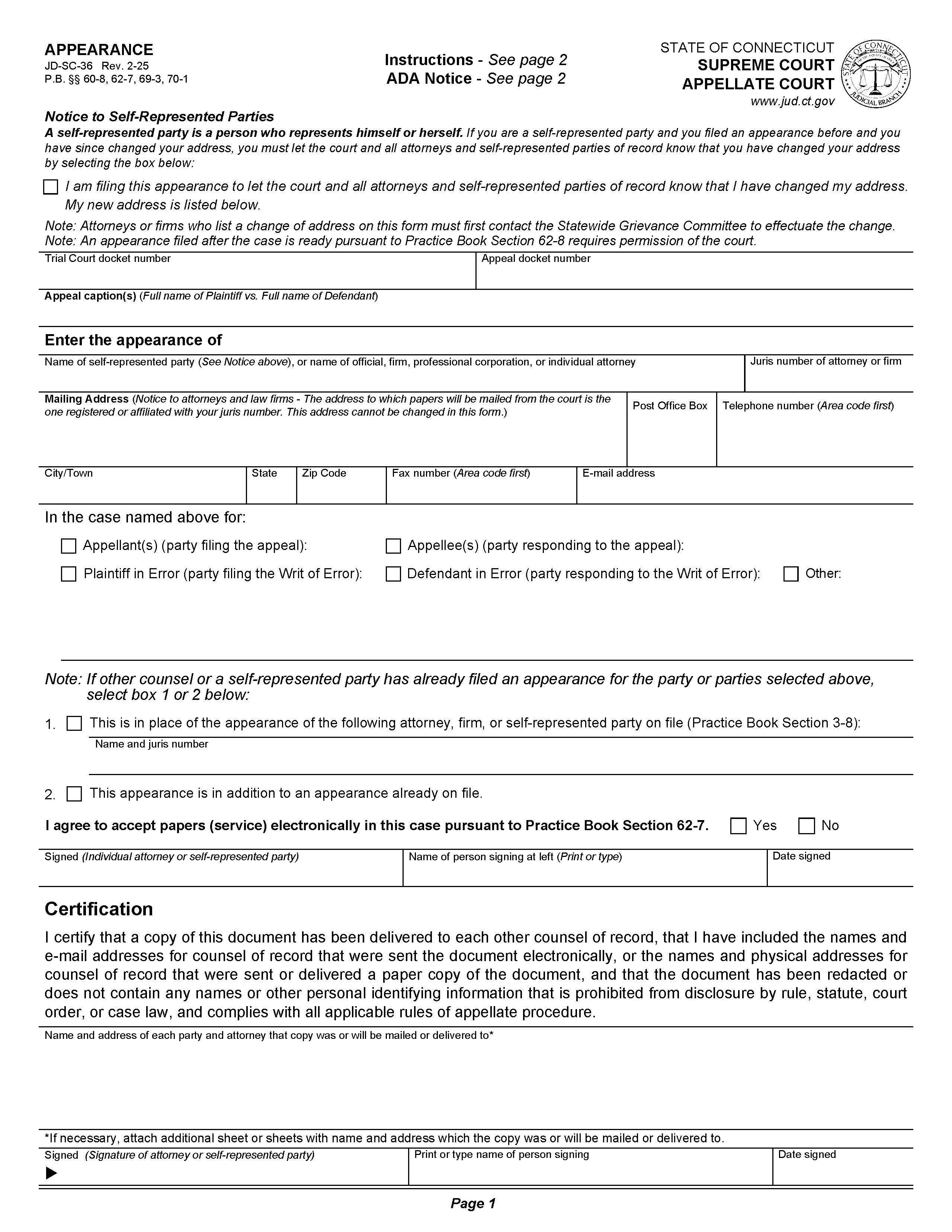 Appearance {JD-SC-36} | Pdf Fpdf Docx | Connecticut