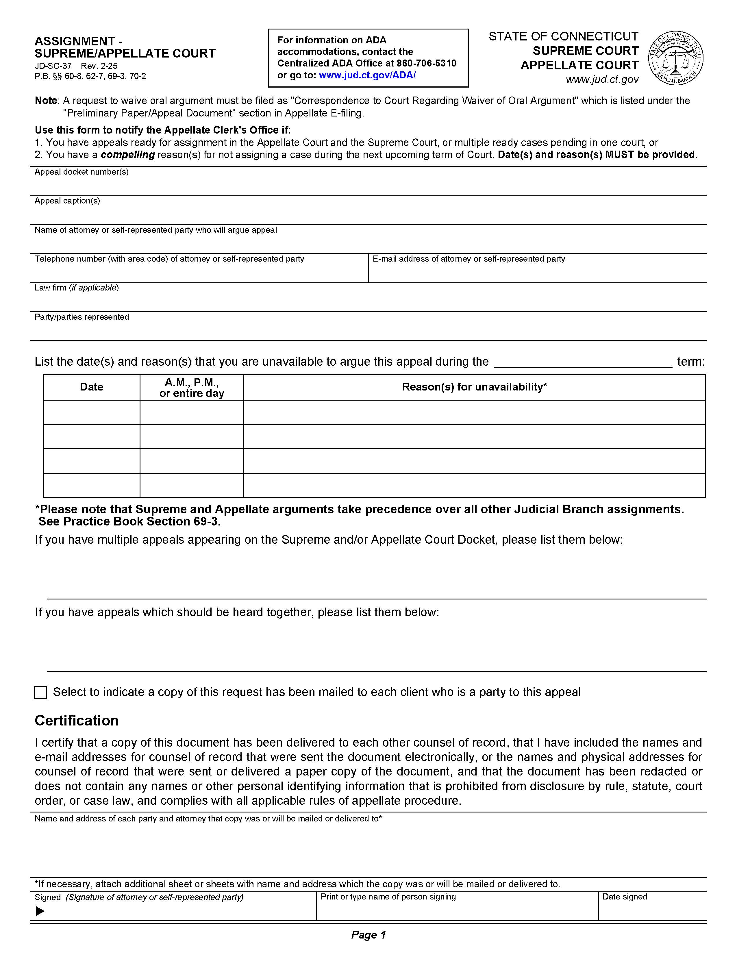 Assignment Form (Supreme Court) {JD-SC-37} | Pdf Fpdf Docx | Connecticut