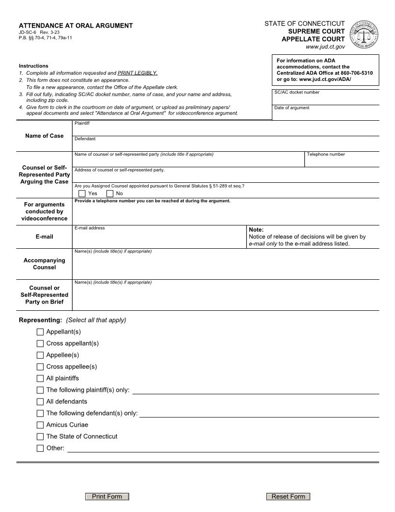 Attendance At Oral Argument (Supreme Court) {JD-SC-6} | Pdf Fpdf Docx | Connecticut